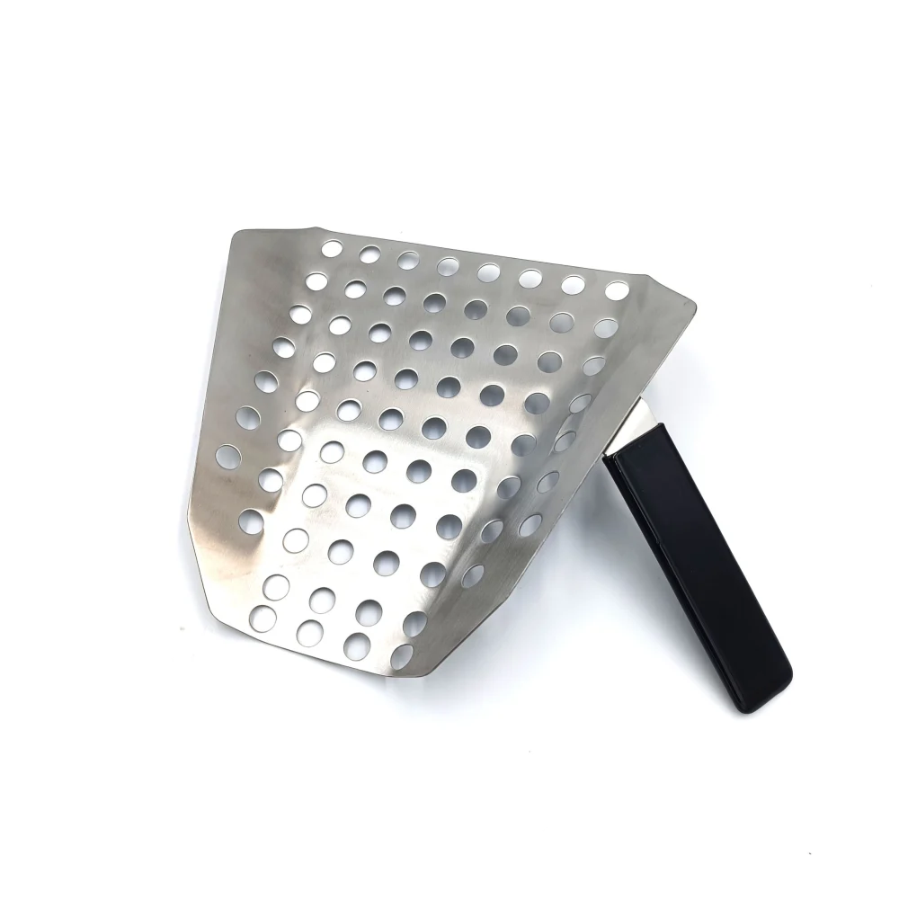 Ergonomische Pommes-Schaufel aus Edelstahl zum Portionieren von Pommes Frites im Gastronomie- und Kinobereich.