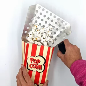 Ergonomische Pommes-Schaufel aus Edelstahl zum Portionieren von Pommes Frites im Gastronomie- und Kinobereich.